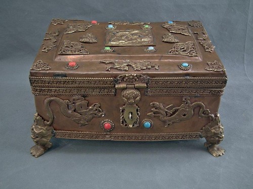 Antique tibetan jeweled copper - tibetan,